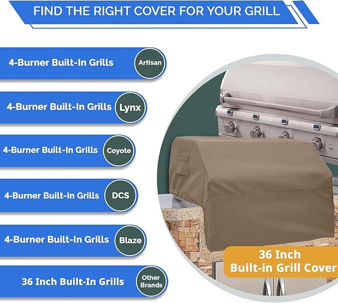 Covers & All Built-in Grill Cover for Outdoor Grill – Heavy Duty 12 oz Waterproof Built-in BBQ Grill Cover, PVC-Coated Polyester with Elastic Hem for Snug Fit (36 x 26 x 24 inches, Beige)