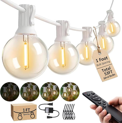 Outdoor-String-Lights with Remote 53FT Waterproof lights for Outside Patio | 12 inch Bulbs Apart,White Cord String Lights,Connectable Dimmable Patio Lights with Remote,Timer,3 Modes for Backyard, Bistro