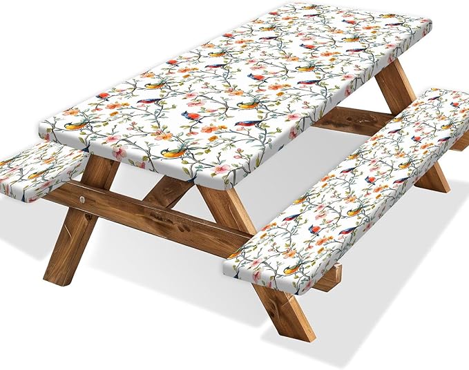 Bird Branch Picnic Table Cover with Bench Covers and Bag, Camping Essentials, Spring Summer Floral Waterproof Windproof, Fitted Tablecloth Cover with Elastic Edge for Outdoor Garden 3 PCS 30x96 Inch