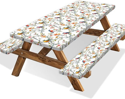 Bird Branch Picnic Table Cover with Bench Covers and Bag, Camping Essentials, Spring Summer Floral Waterproof Windproof, Fitted Tablecloth Cover with Elastic Edge for Outdoor Garden 3 PCS 30x96 Inch