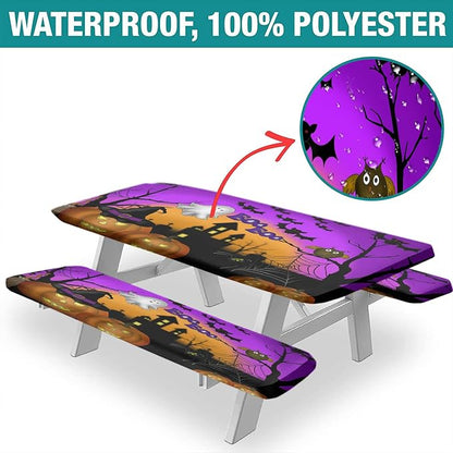 Halloween Picnic Table and Bench Fitted Tablecloth Cover, Pumpkins Ghost Waterproof Table Cover, 28x72 Inch, 3 Pieces Set, Outdoor Fitted Tablecloth for Camping Patio Park, Purple Orange