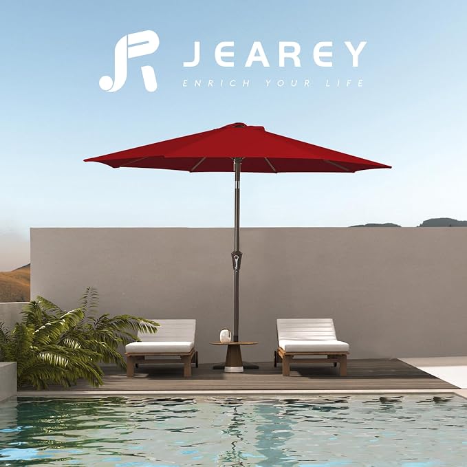 JEAREY 9FT Outdoor Patio Umbrella, Market Umbrella, Burgundy | Outdoor Table Umbrellas with 8 Sturdy， Tilt & Crank UV Protection Waterproof for Garden, Deck, Backyard, Pool
