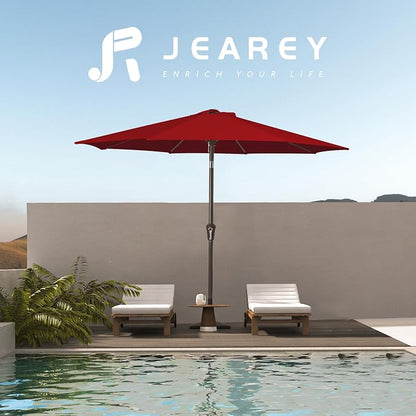 JEAREY 9FT Outdoor Patio Umbrella, Market Umbrella, Burgundy | Outdoor Table Umbrellas with 8 Sturdy， Tilt & Crank UV Protection Waterproof for Garden, Deck, Backyard, Pool
