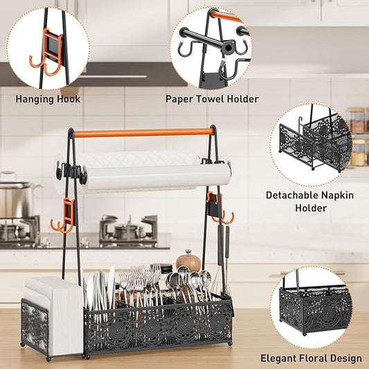 EKNITEY Outdoor Grill Caddy Organizer: Camping Kitchen Accessories Rack With Paper Towel - Utensil Condiment Storage For Patio Camper BBQ Party RV