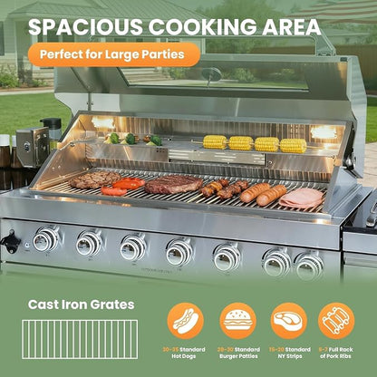 128" Outdoor Kitchen Island,Stainless Steel Propane BBQ Grill with Pizza Oven, Rotisserie, Refrigerator, Granite Countertop, Storage Cabinets & Drawers 120,000 BTU.