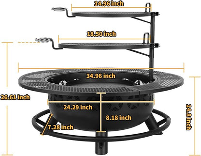 Hykolity 35 Inch Fire Pit with 2 Cooking Grate & Charcoal Pan, Outdoor Wood Burning BBQ Grill Firepit Bowl with Cover Lid, Steel Round Table for Backyard Bonfire Patio Picnic