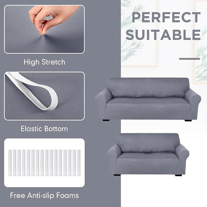 Peryiter 2 Pcs Couch and Loveseat Sofa Covers,Light Gray,Milk Silk | Armchair Covers for Living Room, Sofa Cushion Slipcover 2/3 Seater, Furniture Protector, Polyester and Spandex, Washable