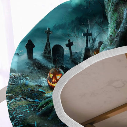Halloween Oval Fitted Tablecloth, Moon Night Pumpkin Lantern Elastic Edged Table Covers, Fits to Oblong 60" X 84" Table, Wrinkle-Proof Table Cloths for Indoor Restaurant Outdoor Terrace Dining Decor