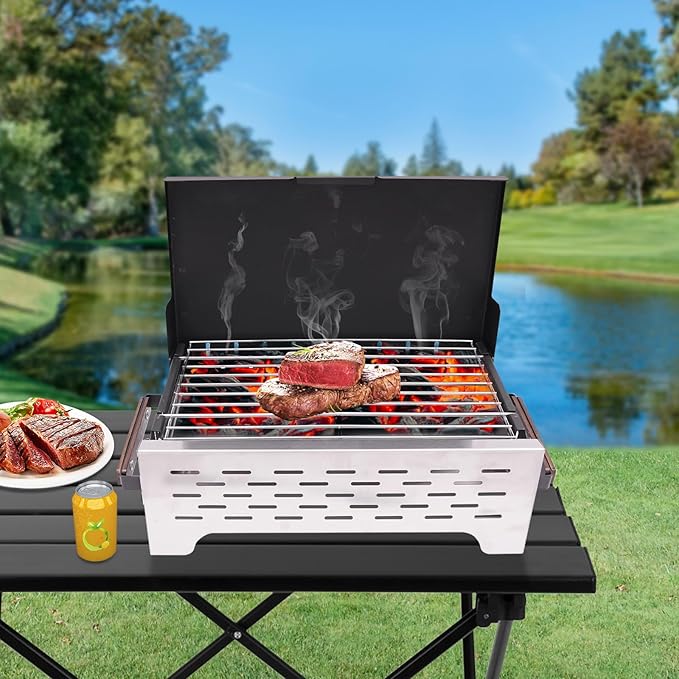 15.75 x 8.27In BBQ Charcoal Grill, Folding Camping Grill, with Anti-scald Handles, One-piece Windbreak Cover, Outdoor for Camping(Black+Silver)