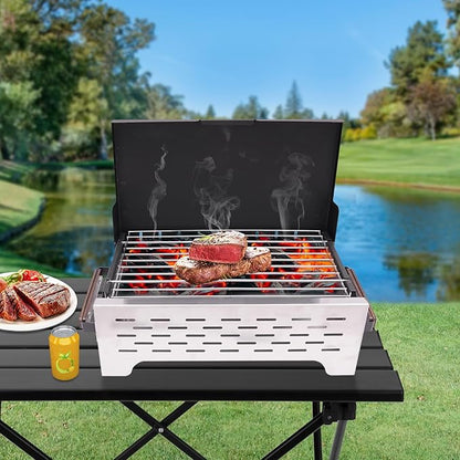 15.75 x 8.27In BBQ Charcoal Grill, Folding Camping Grill, with Anti-scald Handles, One-piece Windbreak Cover, Outdoor for Camping(Black+Silver)