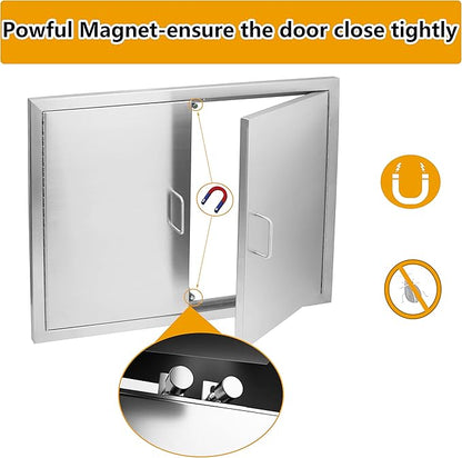 Luffioner BBQ Outdoor Kitchen Doors,31W x 24H Inch Double BBQ Access Door,Rust-Proof Thickened Plate 304 Stainless Steel Access Door for Outdoor Kitchen, BBQ Island,Grilling Station (31W x 24H)