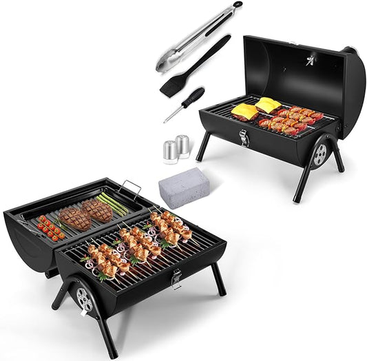 Joyfair Portable Charcoal Grill Set & Small Barbecue Grill (2 IN 1 Double-Sided), Small Tabletop Grill with Accessories Tools, Charcoal Grill with Food Tray & Rack