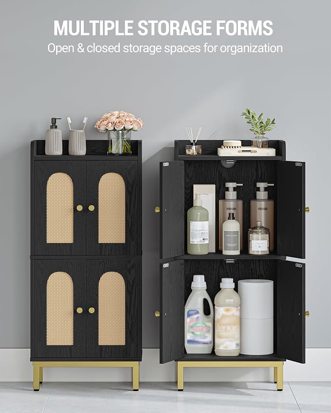 Hzuaneri Bathroom Cabinet, Small Storage Cabinet with 4 Doors | Bathroom Organizers and Storage Cabinets with Adjustable Feet. Cabinets Freestanding for Living Room, Kitchen, Rattan black