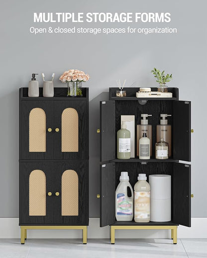Hzuaneri Bathroom Cabinet, Small Storage Cabinet with 4 Doors | Bathroom Organizers and Storage Cabinets with Adjustable Feet. Cabinets Freestanding for Living Room, Kitchen, Rattan black