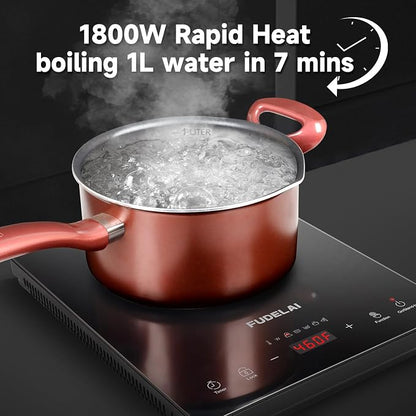Portable Induction Cooktop, 1800W, 20 Settings, Hot Pot, RV Camping | Induction cooktop with 20 temp/power settings, child lock, turbo cooling, 6.9-inch coil, hot pot mode, RV, camping, dorm use