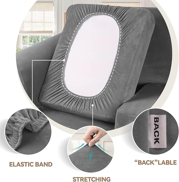 WEERRW Velvet Stretch 3 Pieces Couch Cover for Sofa Washable, Light Grey | Love Seat Couch Covers for 2 Cushion Couch Sofa Furniture Protector slipcoves with Elastic Bottom for Kids, Medium