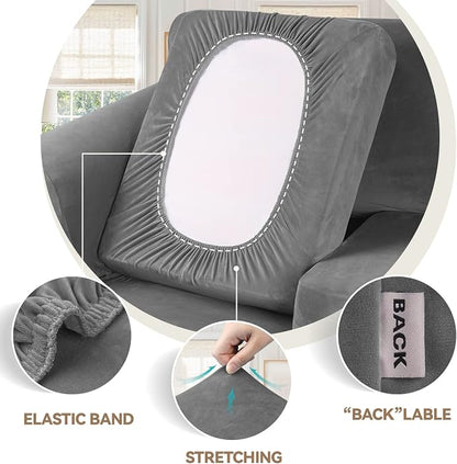 WEERRW Velvet Stretch 3 Pieces Couch Cover for Sofa Washable, Light Grey | Love Seat Couch Covers for 2 Cushion Couch Sofa Furniture Protector slipcoves with Elastic Bottom for Kids, Medium