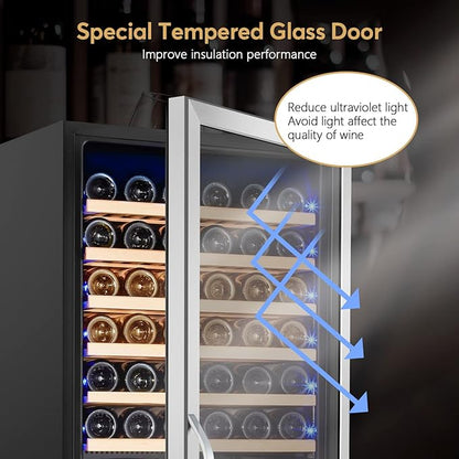 24 Inch Wine Cooler Fridge Dual Zone, Professional Large Capacity High Wine Refrigerator with Powerful Compressor, Quiet Operation and Elegant Design-KMHJ408D