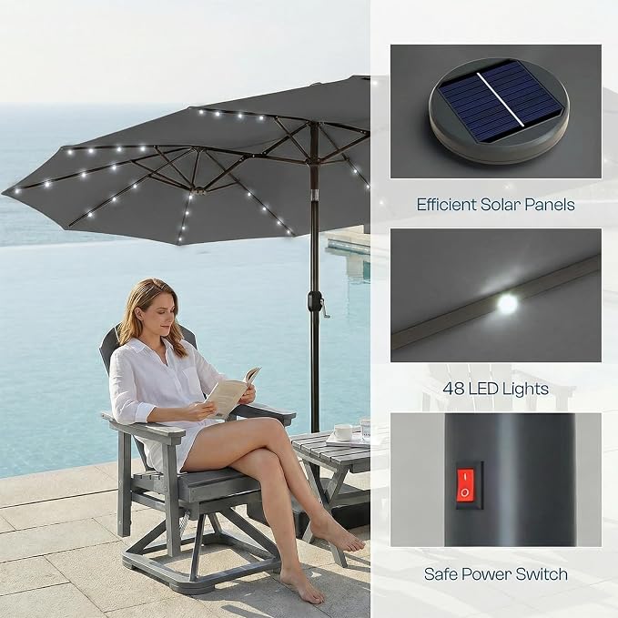 15ft Large Patio Umbrella with Solar Lights and Base, Double-Sided Outdoor Rectangle Umbrella with 48 LED Lights, Market Table Umbrellas with UV Resistant Canopy