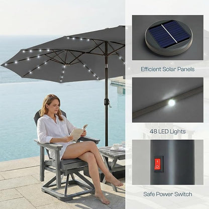 15ft Large Patio Umbrella with Solar Lights and Base, Double-Sided Outdoor Rectangle Umbrella with 48 LED Lights, Market Table Umbrellas with UV Resistant Canopy