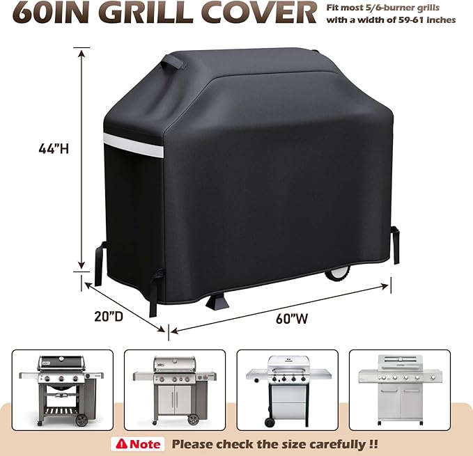 60 Inch Grill Cover for 3-5 Burner Gas Grills, Heavy Duty Outdoor BBQ Cover with Handles, Air Vents and Hook-and-Loop Straps, Compatible with Nexgrill 720-0830H 720-0888S 720-0888N, Char-Broil, Weber