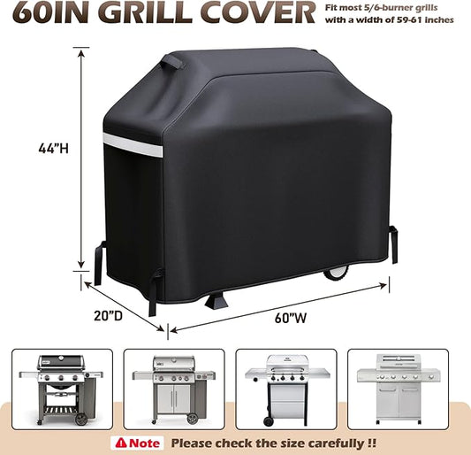60 Inch Grill Cover for 3-5 Burner Gas Grills, Heavy Duty Outdoor BBQ Cover with Handles, Air Vents and Hook-and-Loop Straps, Compatible with Nexgrill 720-0830H 720-0888S 720-0888N, Char-Broil, Weber