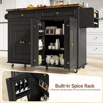 ComfyCorner 58" Rolling Kitchen Island with Storage, Island Table for Kitchen with Power Outlet, Multi-level Kitchen Islands on Wheels, Mobile Bar Cart with Spice Rack, Towel Rack, Knife Holder, Black