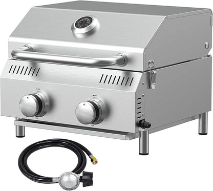 Bestfire Tabletop 2-Burner Gas Grill, 20,000 BTU Stainless Steel Portable Propane Grill, Removable Legs, Push-Button Ignition, Thermometer, for Outdoor Patio, Camping, Tailgating & RV