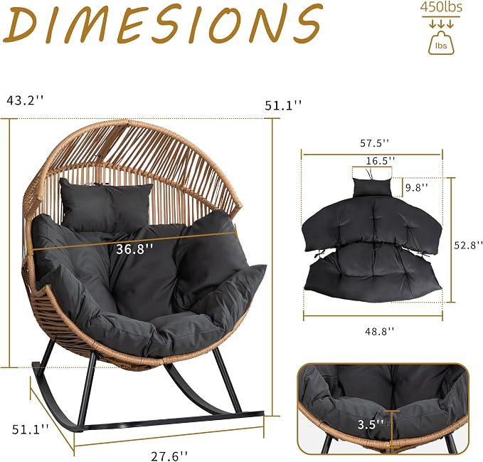 Shintenchi Wicker Egg Chair, Outdoor Indoor Rocking Chair, Large PE Rattan Rocking Chair with Cushion for Patio, Balcony, Backyard, Garden, Deep Grey