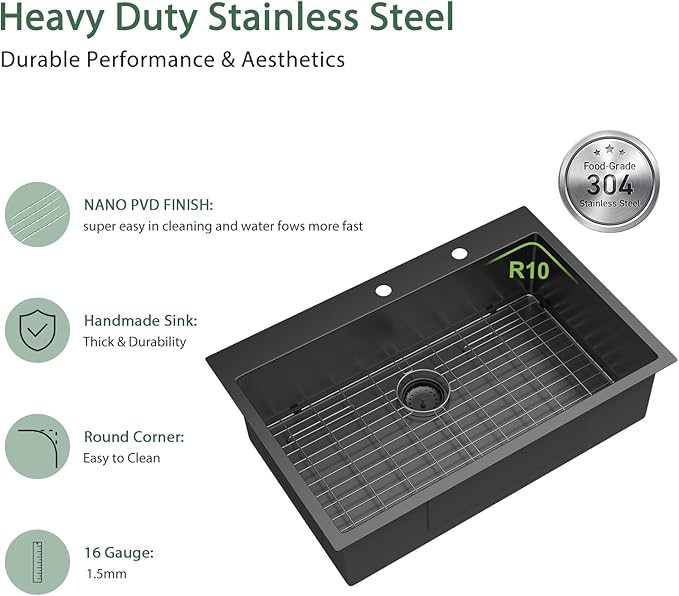 33x22 Drop In Kitchen Sink Black 16 Gauge Stainless Steel Single Bowl Drop Kitchen Sinks Nano PVD Gunmetal Black Handmade Large Deep Topmount Sinks, 33x22x9 Inch