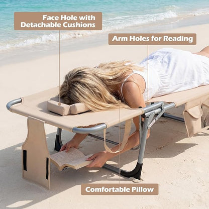 GYMAX Tanning Chair with Face Hole, Sun Bathing Lounge Chairs for Outside with Side Pocket, Folding Portable Face Down Layout Tanning Chair Beach, Backyard, Poolside, Lawn (Sand,1)