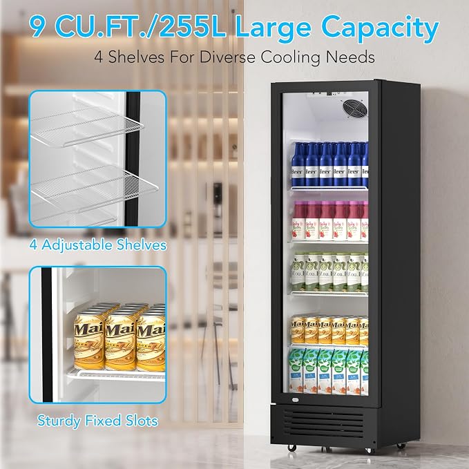 Electactic Commercial Beverage Refrigerator, 9 Cu. Ft. Drink Fridge, Display Refrigerator with Glass Door & 4 Adjustable Shelves,for Shops,Restaurants,Bars