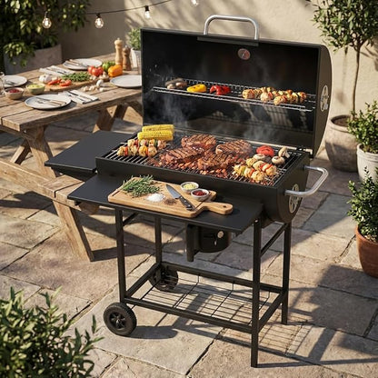 Barrel Charcoal Grill With Side Table & Folding Front Shelf, Nearly 600 Sq.In. Cooking Grid Area, Outdoor BBQ Grill For Backyard, Patio, Camping & Parties, Black