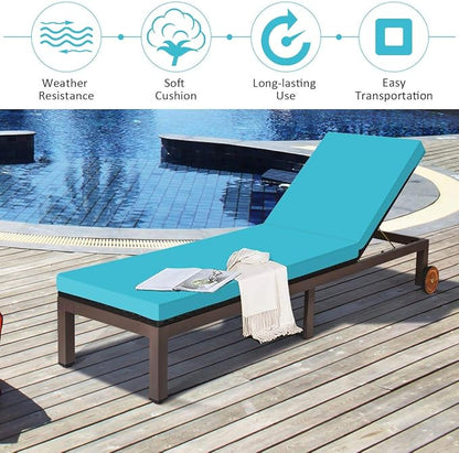 Tangkula Patio Chaise Lounge Chair, Outdoor Rattan Lounger Recliner Chair with Wheels, Wicker Chaise Chair W/Cushioned Seating, Recliner 5-Position Adjustable for Garden Patio Poolside (1, Turquoise)