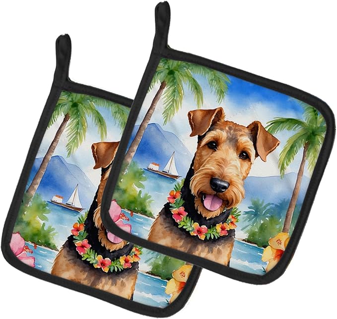 Caroline's Treasures Airedale Terrier Luau Pair of Pot Holders Kitchen Heat Resistant Pot Holders Sets Oven Hot Pads for Cooking Baking BBQ, 7 1/2 x 7 1/2