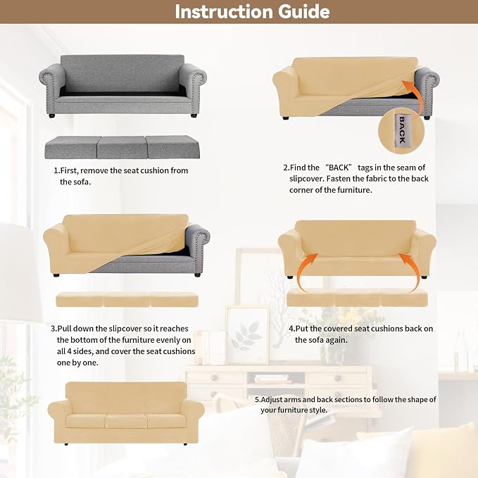 WEERRW 4 Pieces Couch Cover for Sofa Velvet Sofa Covers Washable, Champagne | Sofa Covers for 3 Cushion Couch Furniture Protector Sofa Slipcovers with Non Slip Elastic Bottom, Pet Friendly, Large
