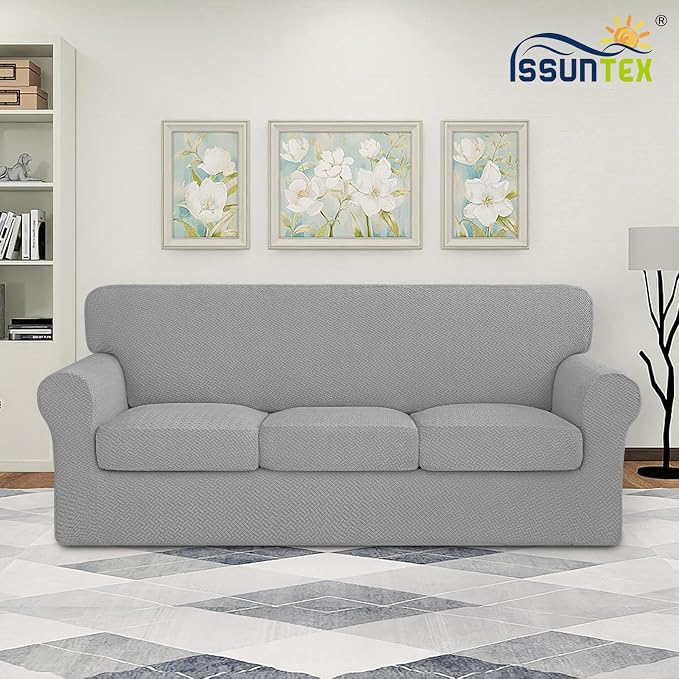ISSUNTEX 4 Pieces High Stretch Thicken Couch Covers, Soft Sofa Slipcover for 3 Separate Cushion Couch, Jacquard Fabric Elastic Sofa Cover Furniture Protector for Dogs (Oversized Sofa, Light Gray)