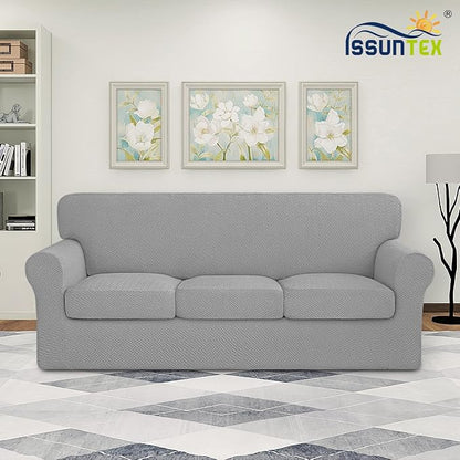 ISSUNTEX 4 Pieces High Stretch Thicken Couch Covers, Soft Sofa Slipcover for 3 Separate Cushion Couch, Jacquard Fabric Elastic Sofa Cover Furniture Protector for Dogs (Oversized Sofa, Light Gray)