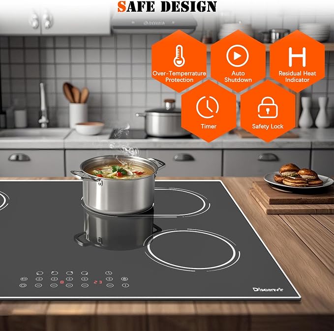 Electric Cooktop 30 Inch 4 Burner, 6600W No Plug | 30 Inches Ceramic Stovetop Built-in with Dual & Expanded Ring, 99-Min Timer, Safety Lock, 220V - 240V Hard Wired