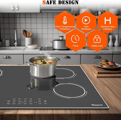 Electric Cooktop 30 Inch 4 Burner, 6600W No Plug | 30 Inches Ceramic Stovetop Built-in with Dual & Expanded Ring, 99-Min Timer, Safety Lock, 220V - 240V Hard Wired