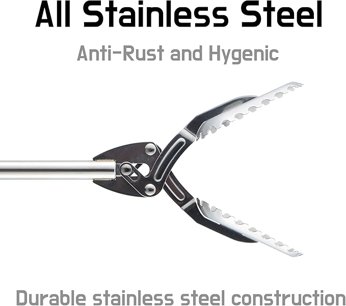 FTH All Stainless Steel Grabber Reacher Pickup Tool Heavy Duty Trash Picker Log BBQ Fireplace pits Snake Tongs Plogging Tool