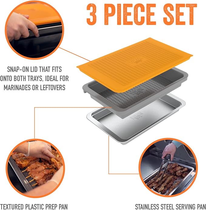 Grill Prep Tray Set, Stainless Serving Platter, Marinade Tub | Marinating container with lid, grilling tray and grill tray for outdoor grill, 18 x 11.4 in, dishwasher safe