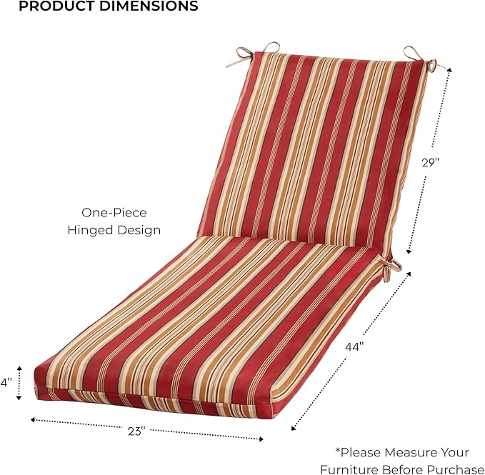 Modern Outdoor Chaise Lounge Cushion with Ties – Durable Polyester Fabric, Channel-Filled Polyfiber Insert, Removable Zippered Cover, Roma Stripe