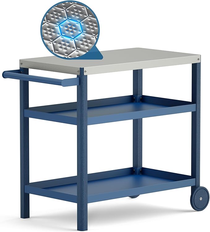 TORVA Outdoor Prep Grill Cart, Honeycomb Style Wear-Resistant Tabletop with High Load-Bearing Portable BBQ Cart, HDPE Durable Frame 3-Tier Storage Table, Navy Blue