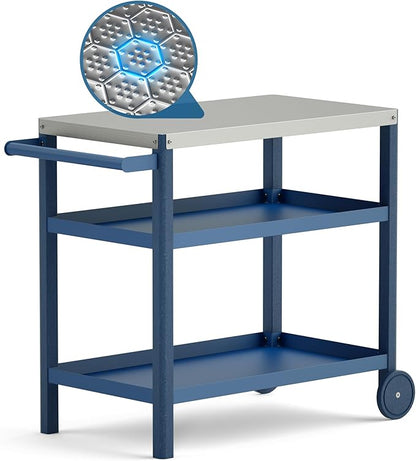 TORVA Outdoor Prep Grill Cart, Honeycomb Style Wear-Resistant Tabletop with High Load-Bearing Portable BBQ Cart, HDPE Durable Frame 3-Tier Storage Table, Navy Blue