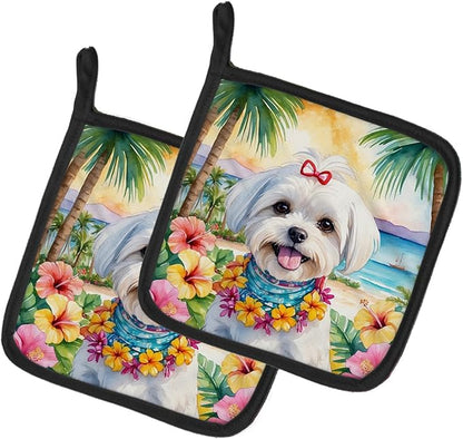 Caroline's Treasures Maltese Luau Pair of Pot Holders Kitchen Heat Resistant Pot Holders Sets Oven Hot Pads for Cooking Baking BBQ, 7 1/2 x 7 1/2