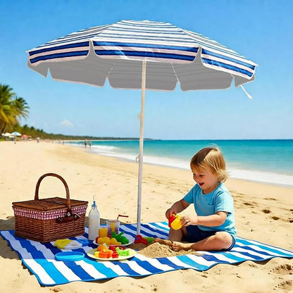 LOTTAFUN 6ft Beach Umbrella - Heavy Duty Wind Resistant UV 50+ Portable Sun Shade with Sand Anchor & Carry Bag, Outdoor Folding Umbrella for Beach, Pool, Patio, Garden (Blue diagonal strip) No Tilt The sand needs to exceed the spiral 6inch