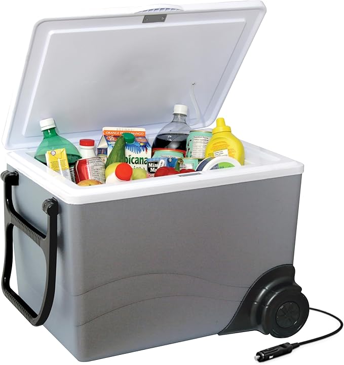 Koolatron Thermoelectric Iceless 12V Cooler/Warmer 36 qt (34 L) w/Wheels, Portable Electric Rolling Car Fridge w/ 12 Volt DC Power Cord, Gray/White, Travel Road Trips Camping, Made in North America