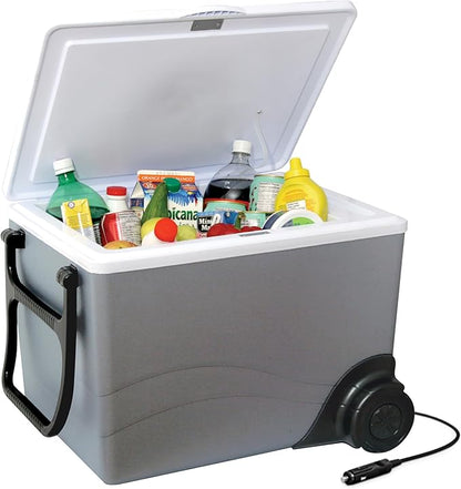 Koolatron Thermoelectric Iceless 12V Cooler/Warmer 36 qt (34 L) w/Wheels, Portable Electric Rolling Car Fridge w/ 12 Volt DC Power Cord, Gray/White, Travel Road Trips Camping, Made in North America