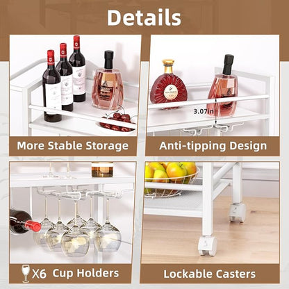 Joaxswe Bar Cart w/Wheels,Home Bar Serving Cart w/Storage Shelves,White | 2 Tier Rolling Beverage Cart,Modern Wine Cart w/ Wine Rack and Glass Holder for Kitchen, Living Room,Dinning Room